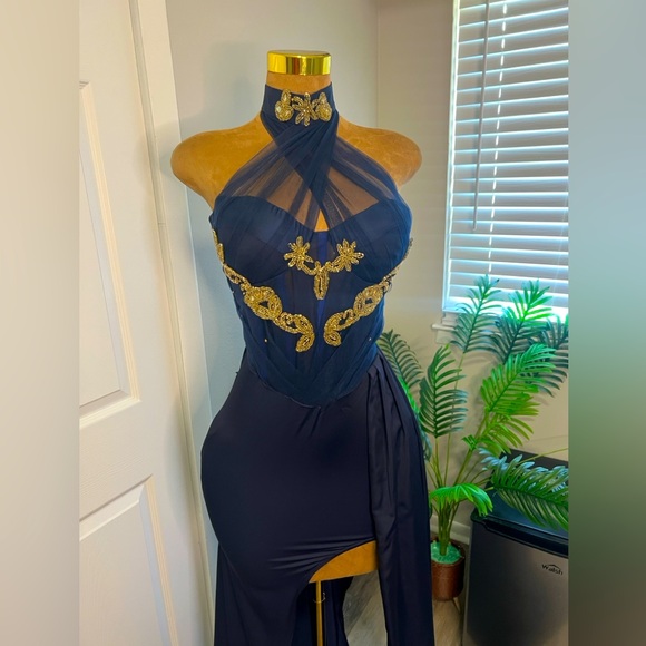 Navy blue bridesmaids or prom dress with corset and gold embellishments. - Picture 3 of 4